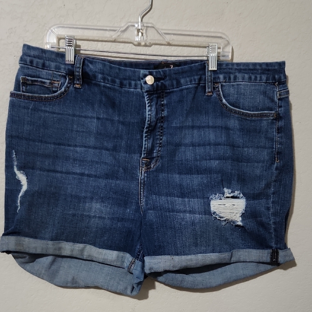 Jen 7 Womens Distressed Rolled Hem Denim Shorts Size 18 Blue